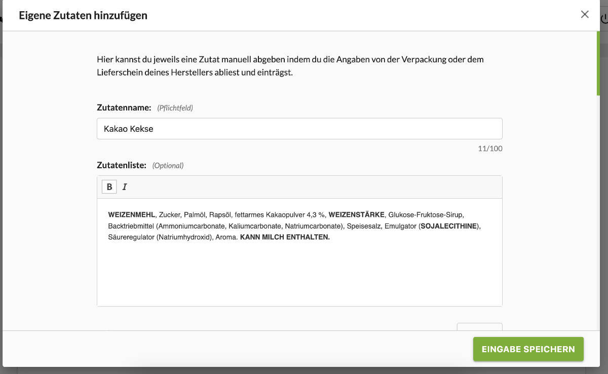 Eigene Zutatenliste