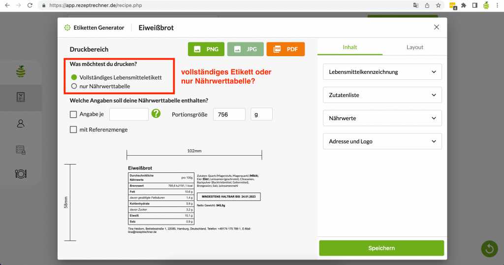 Etiketten oder nur Nährwerttabelle drucken