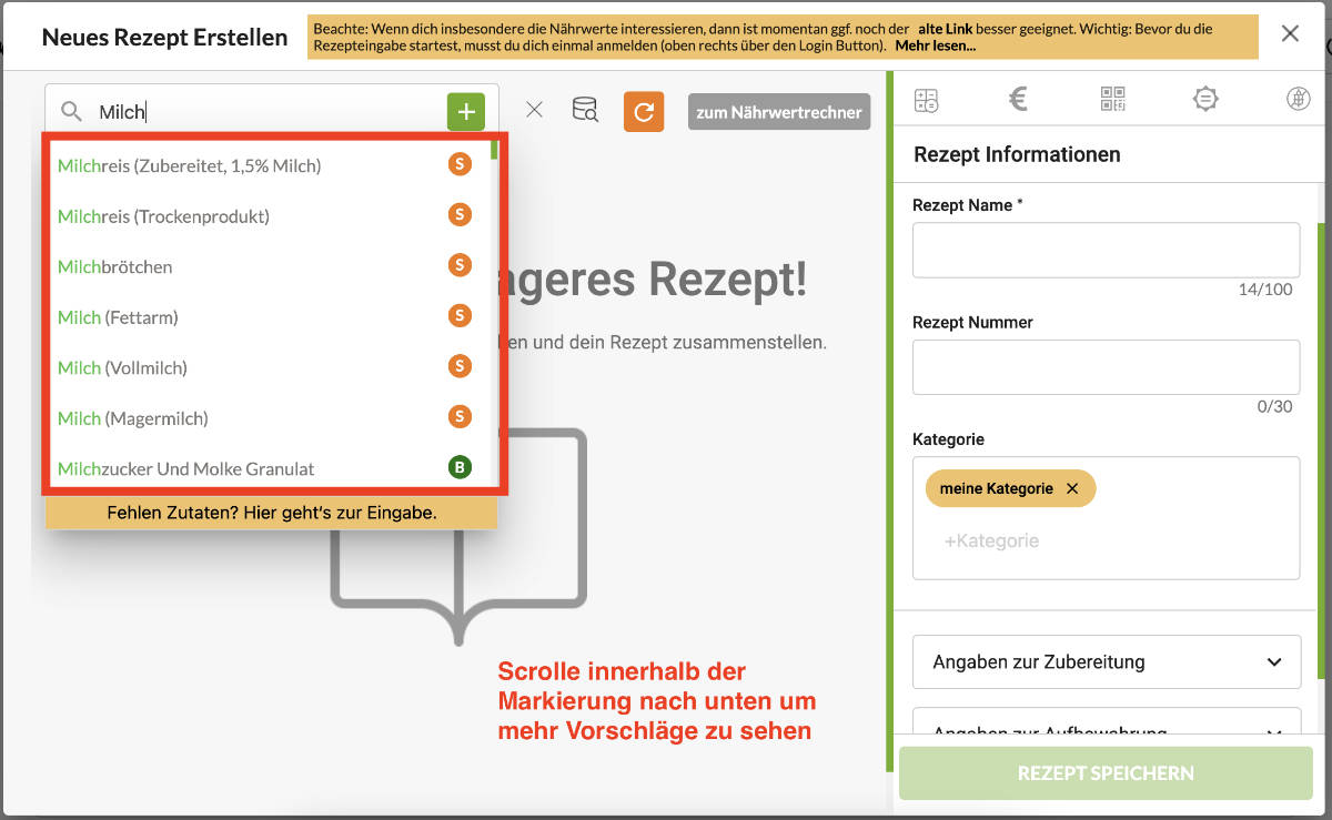 Zutaten eingeben