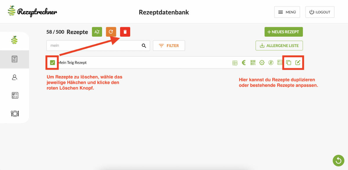 Rezepte ändern, löschen, duplizieren