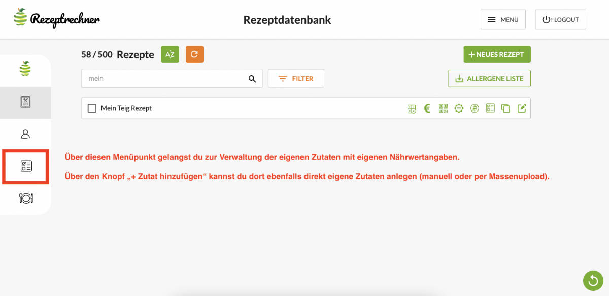 Zutaten fehlen Menü