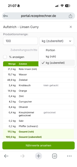 Rezeptrechner mobile Version Mengenrechner