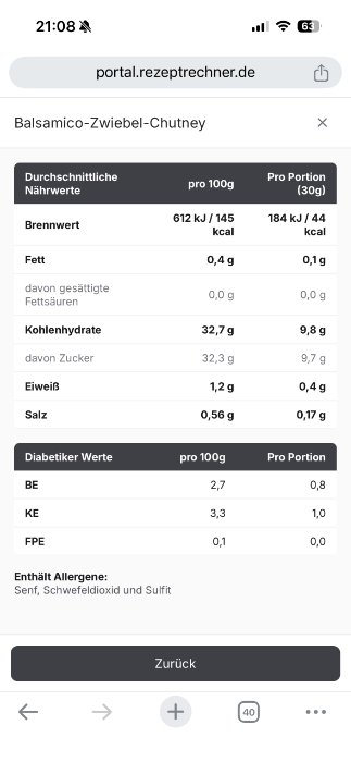 Rezeptrechner mobile Version Nährwerte ansehen