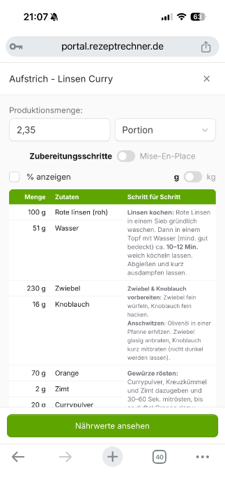 Rezeptrechner mobile Version Rezept ansehen mit Zubereitungsschritten