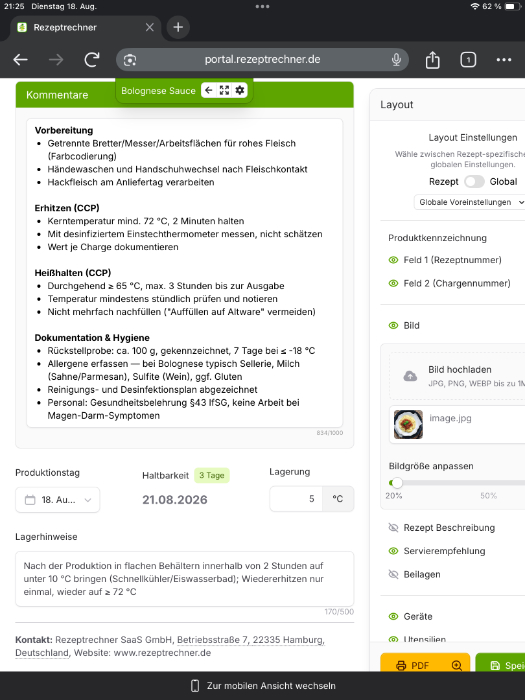 Rezeptrechner Tablet Checkliste und Produktionsdokumentation