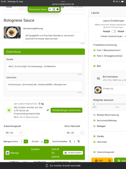 Rezeptrechner Tablet Rezept ansehen und Layout gestalten