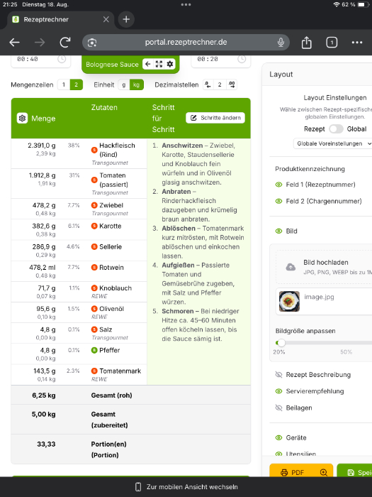 Rezeptrechner Tablet Rezeptmengen umrechnen mit Zubereitungsschritten