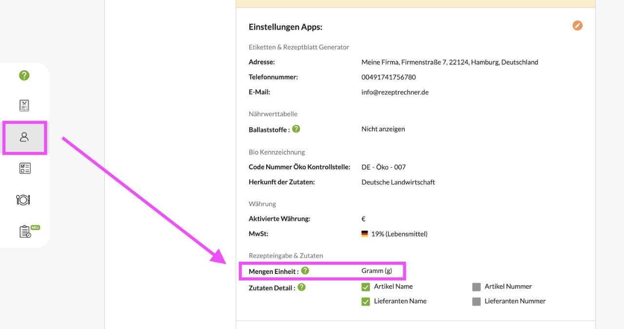 Profil Anpassung der Standard Mengen-Einheit