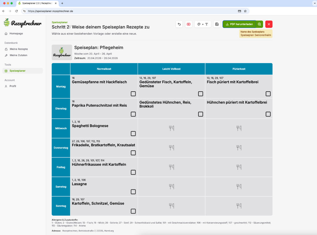 Speiseplan online erstellen für Pflegeheime — Beispiel aus dem Rezeptrechner Speiseplaner mit drei Kostformen, Ankreuzkästchen und Allergenkennzeichnung