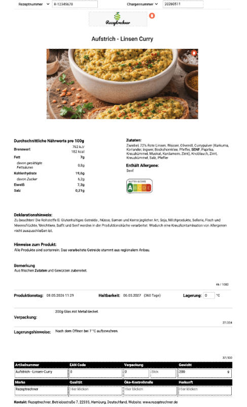 Beispiel einer Produktspezifikation für Lebensmittel — Aufstrich Linsen Curry mit Nährwerten, Zutaten, Allergenen, Haltbarkeit und Verpackungsangaben