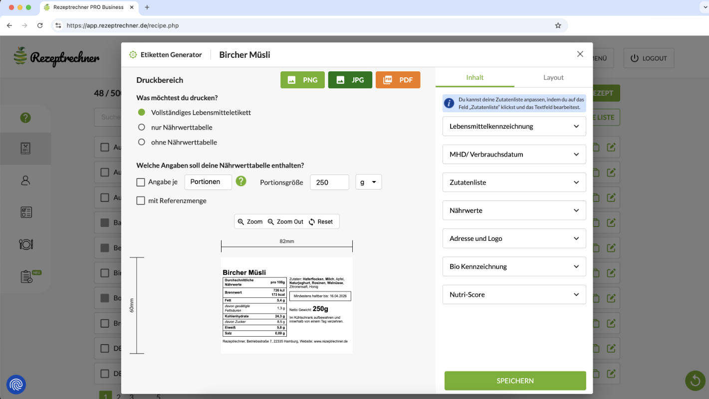 Lebensmittel Etikettierung Software — Etiketten-Generator im Rezeptrechner mit Nährwerttabelle, Zutatenliste und Allergenkennzeichnung